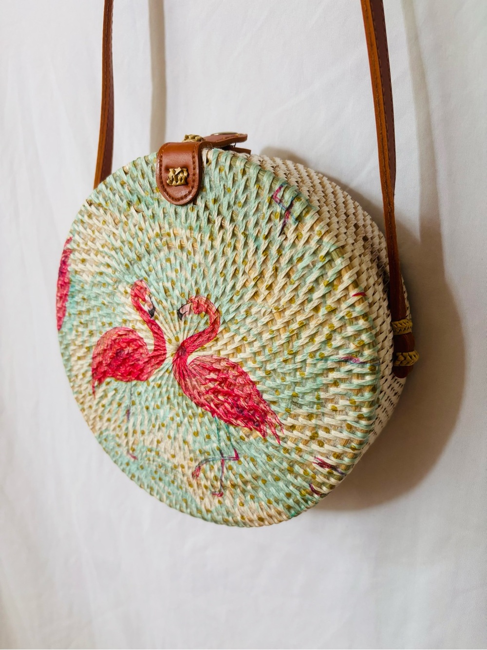 Round Straw Crossbody Flamingo Purse Tropical Resort Vacation Bag